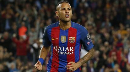 Neymar celebra el seu gol davant el Manchester City.