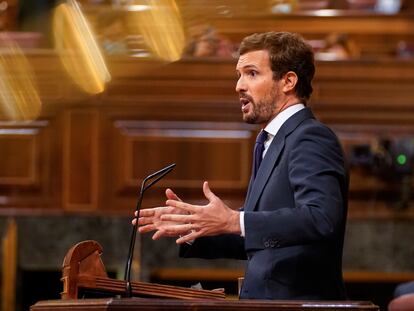 El presidente del PP, Pablo Casado, interviene en el debate de los Presupuestos Generales en el Congreso, este miércoles.