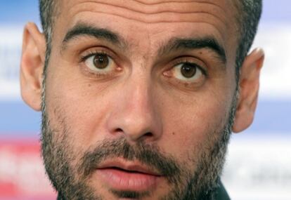 El entrenador del Barcelona, Pep Guardiola, durante la rueda de prensa ofrecida ayer.