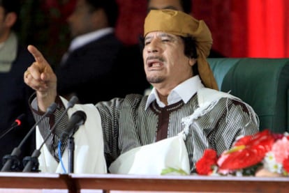 Muamar El Gadafi, en Trípoli, el 2 de marzo de 2011, durante la celebración del 34º aniversario de la creación del Comité General del Pueblo.