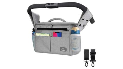 Bolsa de almacenamiento para carritos de bebés con dos bolsillos portavasos.