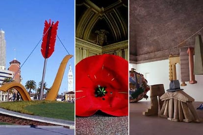 De izquierda a derecha, las esculturas &#39;Cupid&#39;s Span&#39; (2002), &#39;Dropped Flower&#39; (2006) y una sala con varias de sus esculturas blandas de los años 1985-1986.