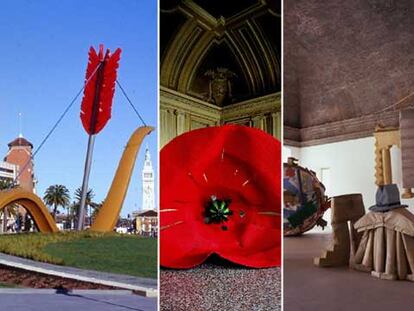 De izquierda a derecha, las esculturas 'Cupid's Span' (2002), 'Dropped Flower' (2006) y una sala con varias de sus esculturas blandas de los años 1985-1986.