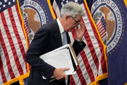 Jerome Powell, presidente de la Reserva Federal, tras la rueda de prensa posterior a la reunión del 22 de marzo.