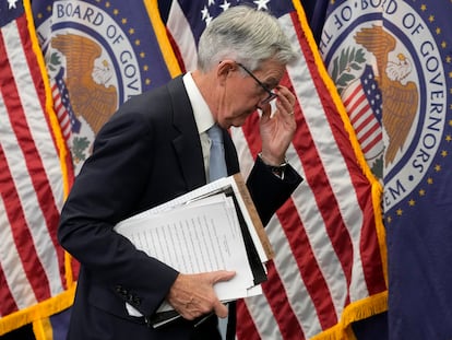 Jerome Powell, presidente de la Reserva Federal, tras la rueda de prensa posterior a la reunión del 22 de marzo.