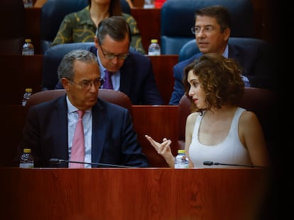 La presidenta regional, Isabel Díaz Ayuso, conversa con el vicepresidente, Enrique Ossorio, durante el pleno que este jueves celebra la Asamblea de Madrid.