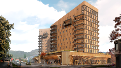 Render del edificio Tamango, de madera contralaminada, en Coyhaquie.