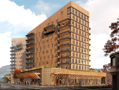 Render del edificio Tamango, de madera contralaminada, en Coyhaique.