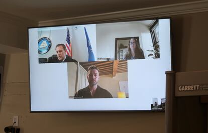 Bottom center, Justin Timberlake appears before Sag Harbor Judge Carl Irace via video conference on Aug. 2, 2024.