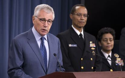 El secretario de Defensa, Chuck Hagel, durante su comparecencia.