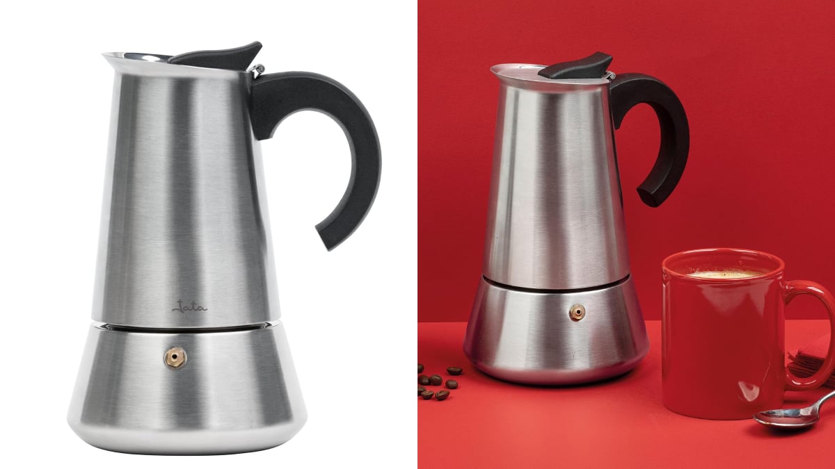 Cafetera italiana Jata con diseño de acero inoxidable.