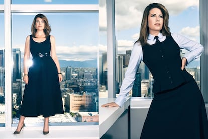 Lewinsky, con el vestido Mikol (izda.) y con el conjunto de dos piezas Caiden de Reformation.