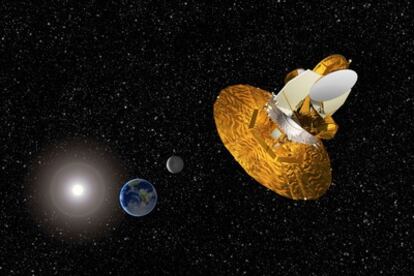 Ilustración del satélite de la NASA 'Wmap' en su posición de trabajo, a 1,5 millones de kilómetros de la Tierra