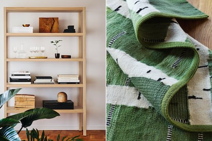La nueva estantería diseñada por Ola Wihlborg combina madera maciza y chapa de
roble. Al lado, detalle de una de las alfombras, con estampados inspirados en la naturaleza.
