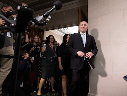 Republican Representative of Louisiana and candidate for House Speaker Steve Scalise speaks to members of the news media on Capitol Hill in Washington, October 11, 2023.