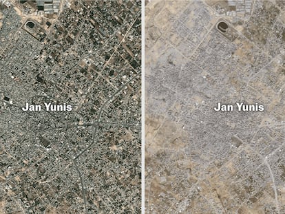 Satellite images of Khan Younis before and after the Israeli offensive.