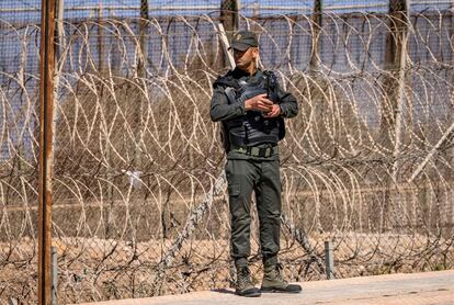 Un agente de las fuerzas de seguridad marroquíes, en la valla fronteriza cerca de Nador.