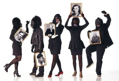 Five artists from the Guerrilla Girls collective wearing trademark gorilla masks in a photograph for &#039;The New York Times.&#039;