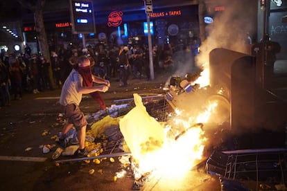 A barricade set on fire during protests in Barcelona last week.