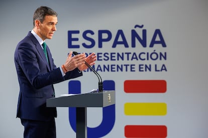 Pedro Sánchez, la pasada semana durante la rueda de prensa tras la cumbre celebrada en Bruselas.