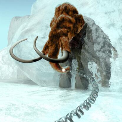 Recreación de un mamut siberiano surgiendo del hielo; la molécula de ADN emerge de su pelo.