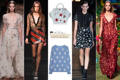 Estampado estrellado. Karl Lagerfeld las puso de moda en 2008 y Dolce & Gabbana en 2011. El print celestial regresa de la mano de Valentino (que lo adapta en versión marina), Saint Laurent, Diesel Black Gold y Tommy Hilfiger. En el centro de la imagen: bolso de Stella McCartney, zapatillas de Saint Laurent y sudadera de Banjo & Matilda.