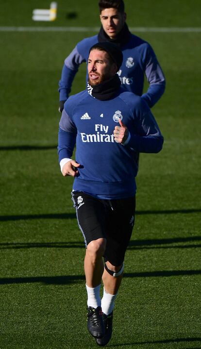 Sergio Ramos, este sábado, en el último entrenamiento previo al partido contra el Sevilla.