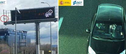 A la izquierda, una cámara de la DGT que controla el uso del cinturón; y, a la derecha, un automovilista que conduce sin este.