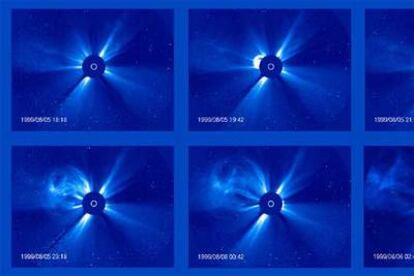 Progreso de una eyección de masa coronal durante ocho horas en 1999 observada por el coronógrafo LASCO de <i>Soho.</i> El disco oscuro tapa el Sol, representado por el círculo blanco, permitiendo observar las estructuras de la corona solar en luz visible.