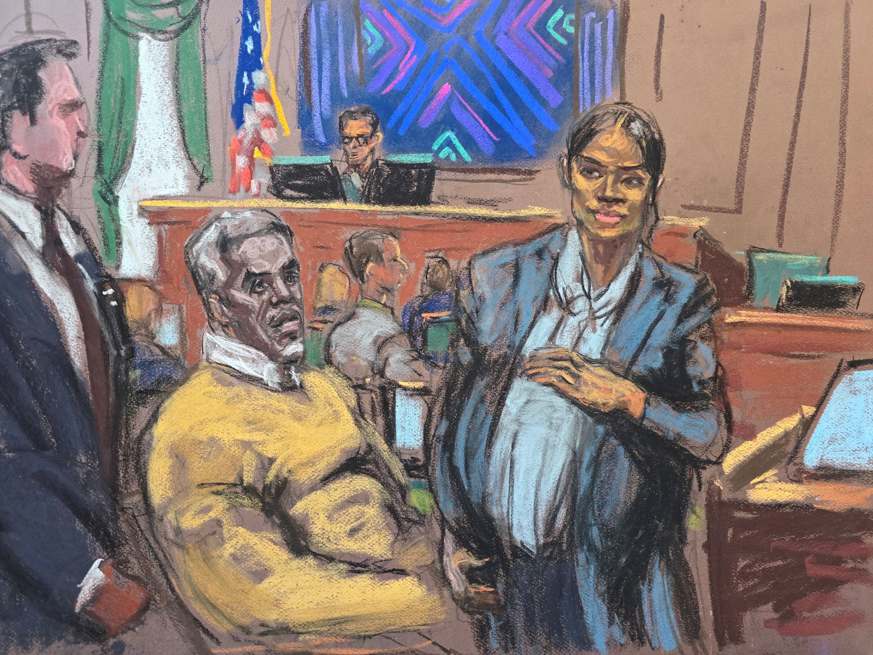 Sean Combs es condenado a cuatro años de cárcel por dos delitos de transporte para ejercer la prostitución 2 En un dibujo de la corte, Sean Combs observa a Casandra Ventura en la sala tras dar testimonio, en Nueva York, el 15 de mayo de 2025.
