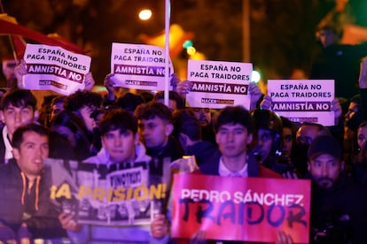 Varias personas con pancartas durante la manifestación del jueves, a las puertas de la sede del PSOE, en Madrid.