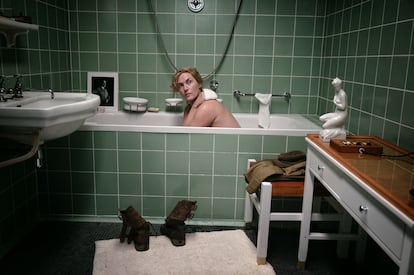 Kate Winslet recreates the photo David E. Scherman took of Lee Miller in the bathroom of Hitler's Munich apartment. Photograph courtesy of ©Sky UK Ltd.