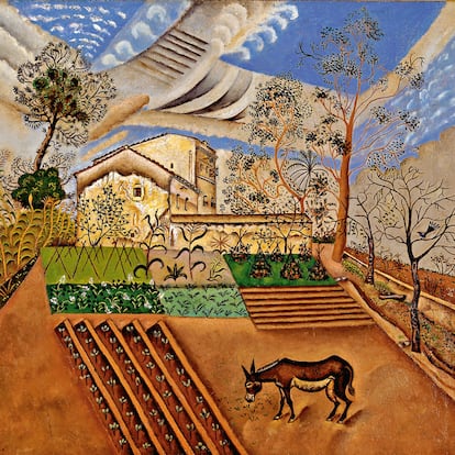 &#39;Huerto con asno&#39; (1918). Cada detalle se perfila en la escena de género. La tierra labrada, el asno, el cielo, los árboles, la casa rural... En esta primera etapa de su pintura, Miró trabaja a partir de lo minucioso, buscando ciertas cualidades de orfebre, siguiendo la tradición de su familia.