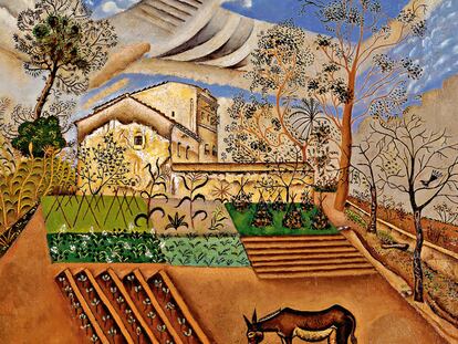 'Huerto con asno' (1918). Cada detalle se perfila en la escena de género. La tierra labrada, el asno, el cielo, los árboles, la casa rural... En esta primera etapa de su pintura, Miró trabaja a partir de lo minucioso, buscando ciertas cualidades de orfebre, siguiendo la tradición de su familia.