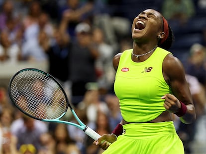 Coco Gauff of the U.S. celebrates after winning her first round match against Germany's Laura Siegemund.