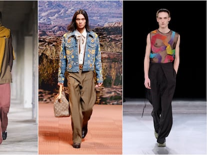De izquierda a derecha, propuestas de Dries Van Noten, Louis Vuitton y Dior en la semana de la moda masculina de París.