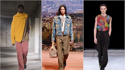 De izquierda a derecha, propuestas de Dries Van Noten, Louis Vuitton y Dior en la semana de la moda masculina de París.