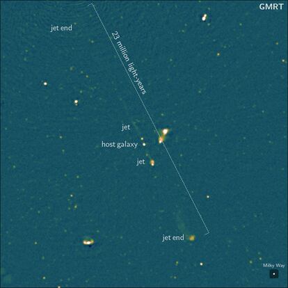 Imagen real anotada de Porfirión tomada por el radiotelescopio GMRT, en India.