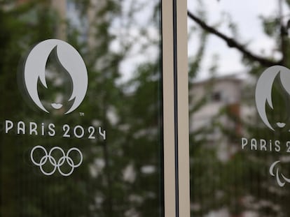 The logo of the Paris 2024 Olympics and Paralympics Games and the Olympics rings in Saint-Denis near Paris, France, on June 20, 2023.