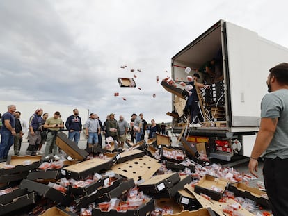 Viticultores franceses destruyen un envío de tomates procedentes de España durante una manifestación en el peaje de Le Boulou, cerca de la frontera española, al sur de Francia, este jueves.