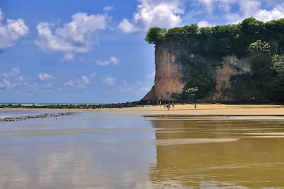 Altos acantilados rojos y dunas de arena, cubiertos de una flora exuberante, se reflejan en la arena húmeda de la Praia dos Golfinhos, en Pipa, en el Estado brasileño de Rio Grande Do Norte, al noreste del país. <br></br>Más información: vivepipa.com/