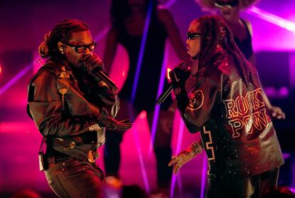 Offset, left, and Quavo of Migos perform at the BET Awards on June 25, 2023, at the Microsoft Theater in Los Angeles.