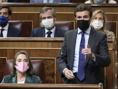 El líder del PP, Pablo Casado, interviene en una sesión de control al Gobierno en el Congreso de los Diputados, este jueves en Madrid.