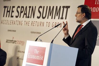El presidente del Gobierno, Mariano Rajoy, durante su intervención esta mañana en la inauguración de la jornada "The Spain Summit" organizada por The Economist