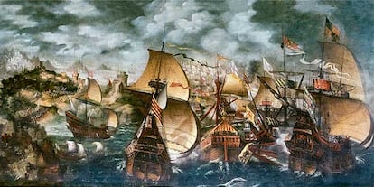 Representación de la Armada Invencible atribuida al pintor inglés Nicholas Hilliard.