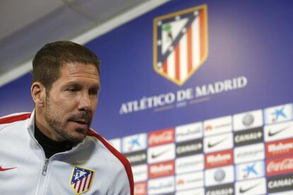 Simeone, durante la rueda de prensa previa al Atlético-Barcelona correspondiente a la vuelta de los cuartos de final de la Copa del Rey.