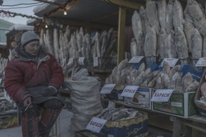 Um posto do mercado local de Oymyakon.