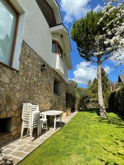 Un pino piñonero plantado muy cerca de una casa en la sierra madrileña.