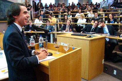 José María Aznar, durante una conferencia en la Universidad de Harvard sobre el papel de Europa en el contexto geopolítico.