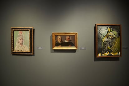 Los cuadros de Picasso, 'Retrato de Olga Kholkhlova con mantilla' y 'Cabeza de Hombre', escoltan a la obra de Francisco Pacheco, 'Retrato de dama y caballero orantes', de la exposición 'Cara a cara: Picasso y los maestros antiguos', del Museo de Bellas Artes de Sevilla.